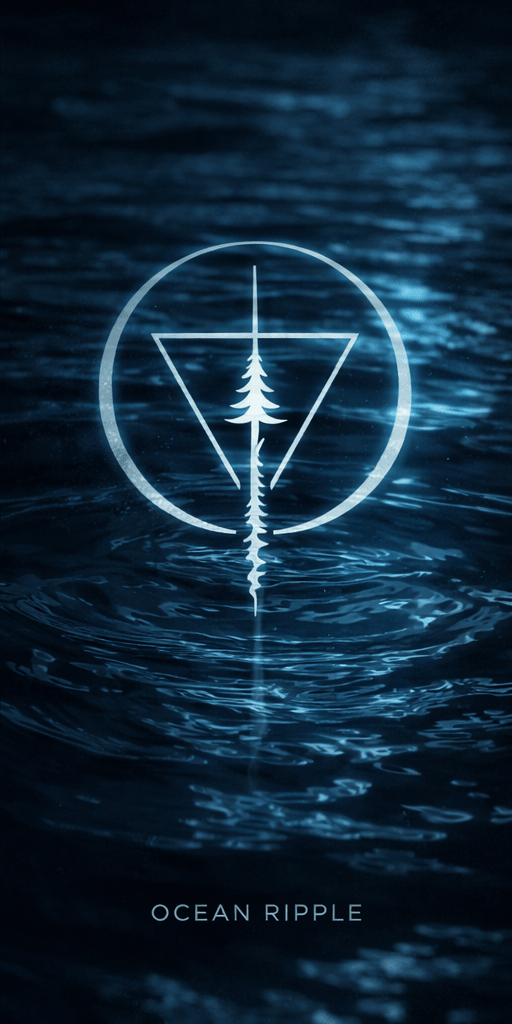 Geometric abstract symbol over deep blue ocean water with ripples; text reads 'Ocean Ripple'.