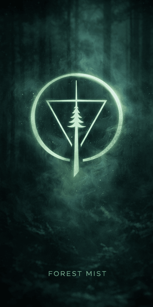 Geometric pine tree symbol in glowing misty forest with 'Forest Mist' text, dark streetwear vibe