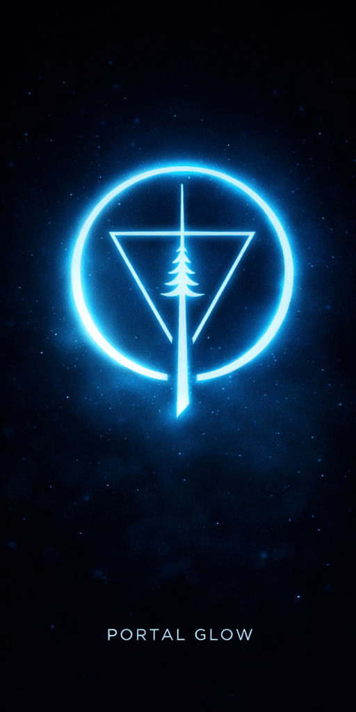 Glowing geometric portal symbol with a tree inside, blue neon light on dark background, text 'Portal Glow'.